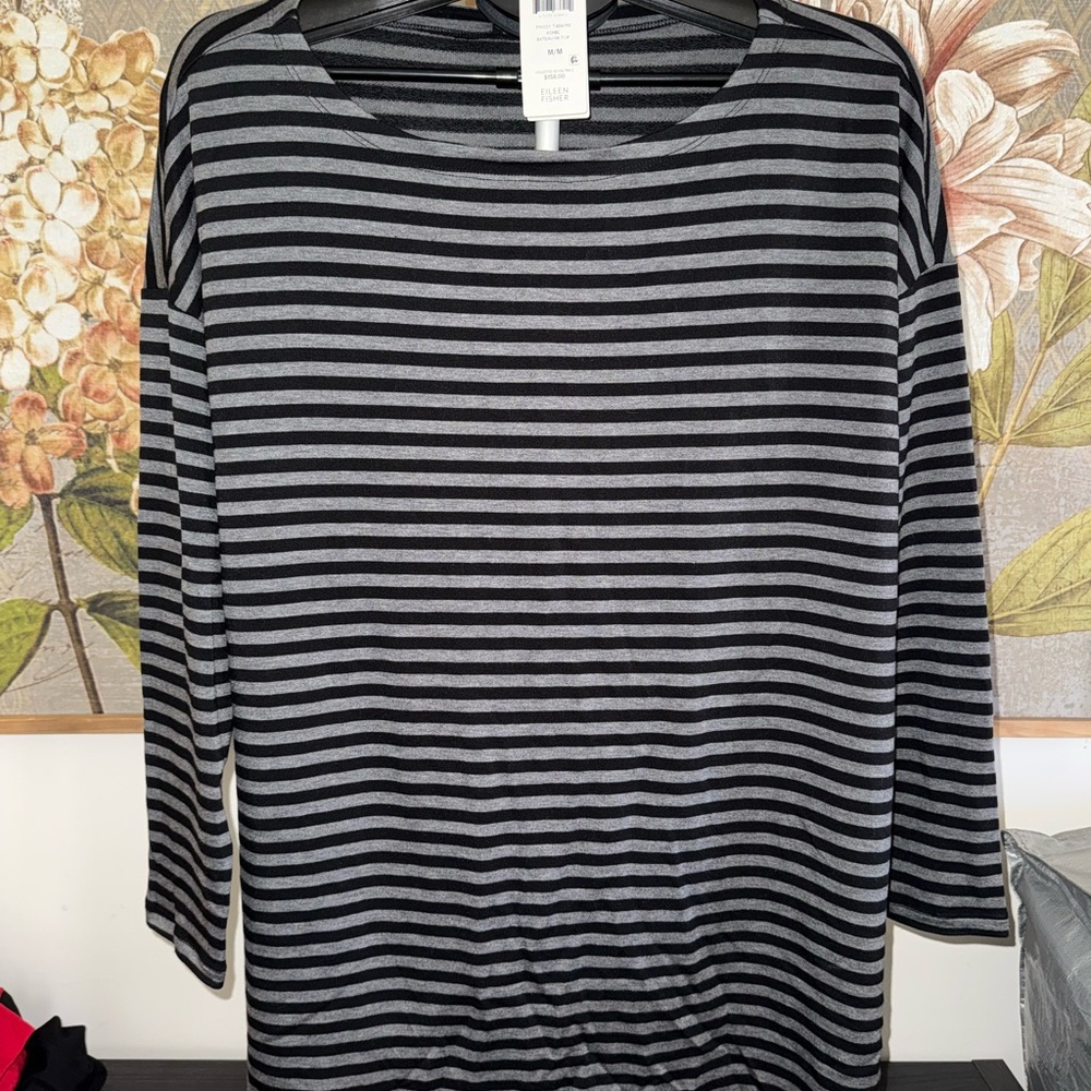 Eileen Fisher Black and Gray Striped Long Sleeve Top